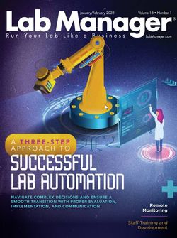 A robotic arm is shown with a cartoon woman in a lab coat writes on a virtual board. The title reads 'A Three-Step Approach to Successful Lab Automation'