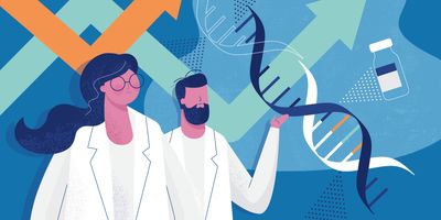 Illustration of two scientists and a DNA double helix