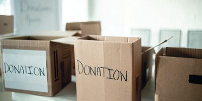 Cardboard boxes with "Donation" written on the side
