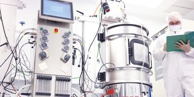 Scientist works at a bioreactor in a lab
