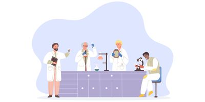 Illustration of Group of diverse scientists researching chemistry molecular experiment at modern laboratory.