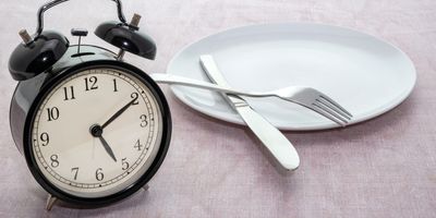 Alarm clock sitting next to an empty plate indicating fasting