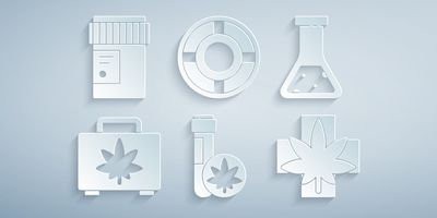 White icons on gray background depicting different elements of cannabis, such as medicinal uses, scientific research