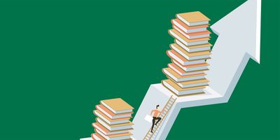 Illustration of a man climbing a stack of books like a staircase