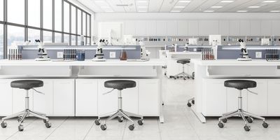 Stools and lab benches in a new, clean laboratory