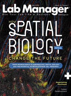 Cover of Lab Manager March 2023 Digital Edition. Background image contains image of cells, text reads 'How Spatial Biology will Change the Future' with subtitle 'From neuroscience to agrobiology, spatial biology has the potential to revolutionize cell research